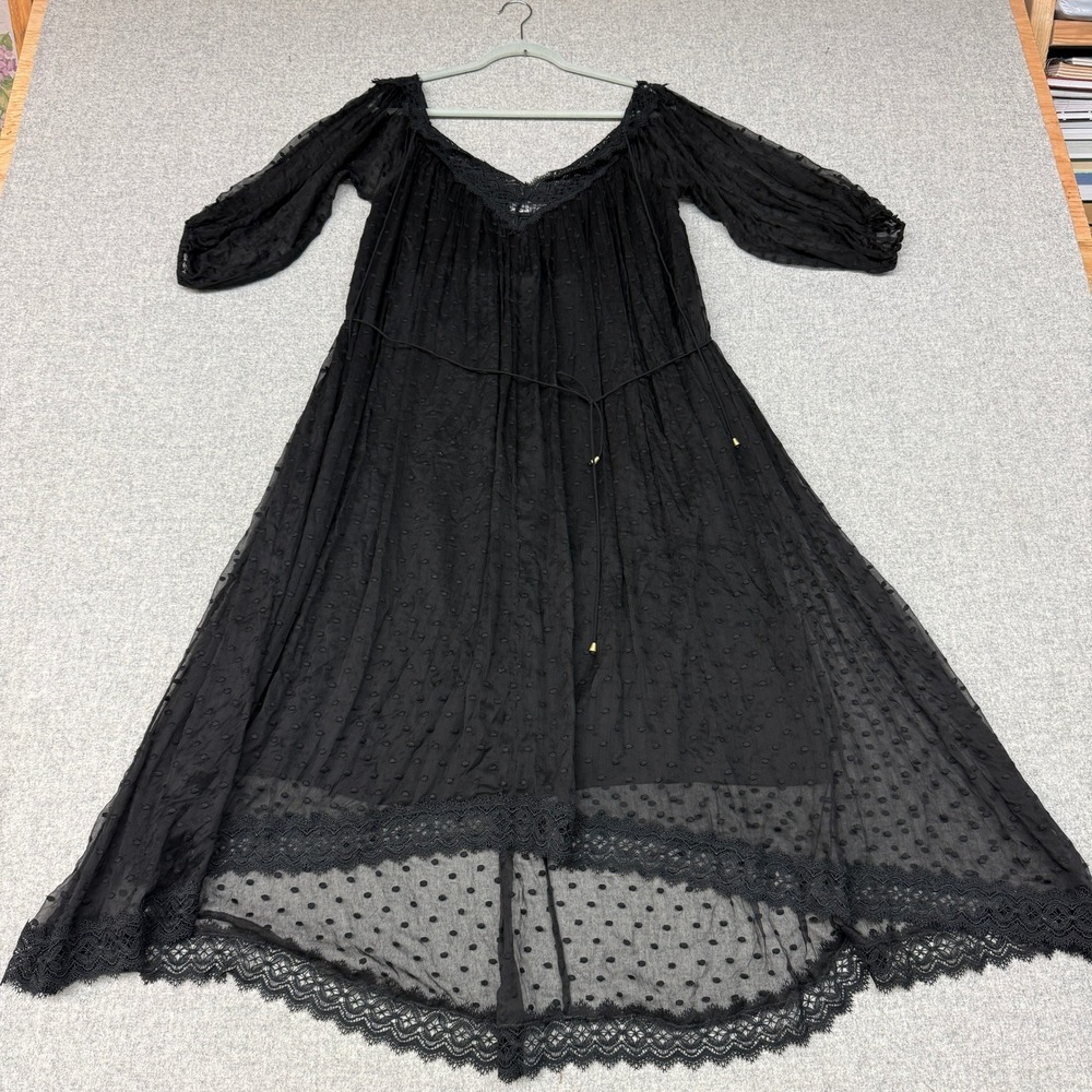 Zimmermann Silk Swiss Dot Lace High Low Dress 1 Black V-Neck Balloon Sleeve Tie